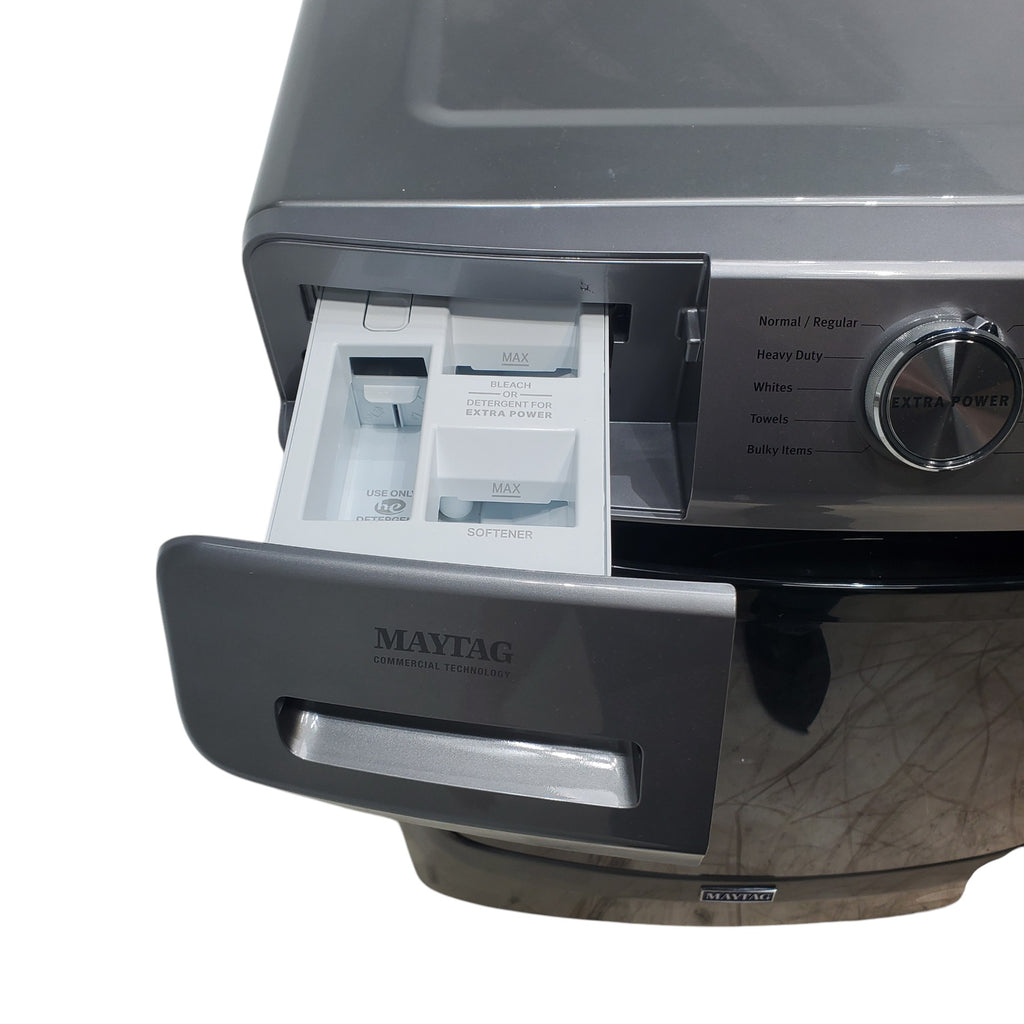 Pictures of Maytag Metallic Slate 4.5-cu ft High Efficiency ENERGY STAR Stackable Steam Cycle Front-Load Washer with Maytag® Commercial Technology and Maytag 7.3-cu ft Stackable Vented ENERGY STAR Electric Dryer - Open Box - Neu Appliance Outlet - Discount Appliance Outlet in Austin, Tx