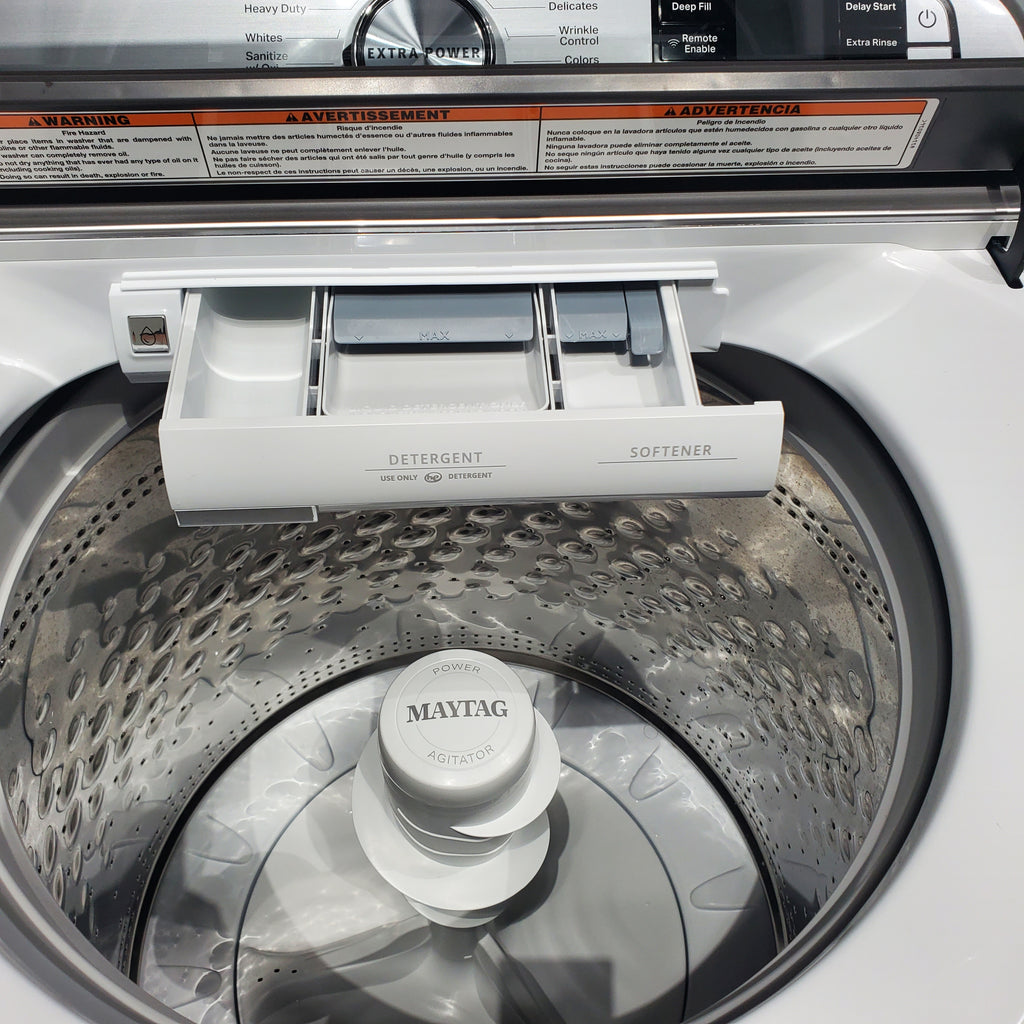 Pictures of Maytag ENERGY STAR 5.2 cu. ft. Top Load Agitator Washing Machine with Extra Power Button and ENERGY STAR Maytag Smart Capable 7.4 cu. ft. Electric Steam Dryer with Extra Power Button - Scratch & Dent - Minor - Neu Appliance Outlet - Discount Appliance Outlet in Austin, Tx