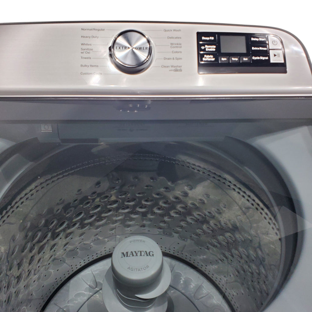Pictures of Maytag ENERGY STAR 5.2 cu. ft. Top Load Agitator Washing Machine with Extra Power Button and ENERGY STAR Maytag Smart Capable 7.4 cu. ft. Electric Steam Dryer with Extra Power Button - Scratch & Dent - Minor - Neu Appliance Outlet - Discount Appliance Outlet in Austin, Tx