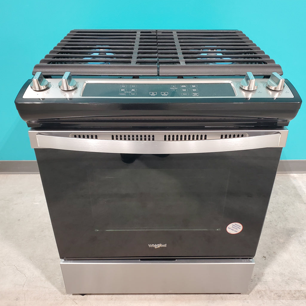 Pictures of Fingerprint Resistant Stainless Steel Whirlpool 5.0 cu. ft. 4 Burner Slide In Gas Range with Frozen Bake Technology - Open Box - Neu Appliance Outlet - Discount Appliance Outlet in Austin, Tx