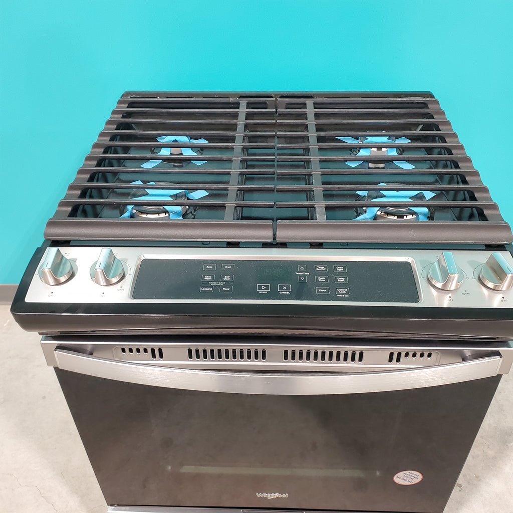 Pictures of Fingerprint Resistant Stainless Steel Whirlpool 5.0 cu. ft. 4 Burner Slide In Gas Range with Frozen Bake Technology - Open Box - Neu Appliance Outlet - Discount Appliance Outlet in Austin, Tx