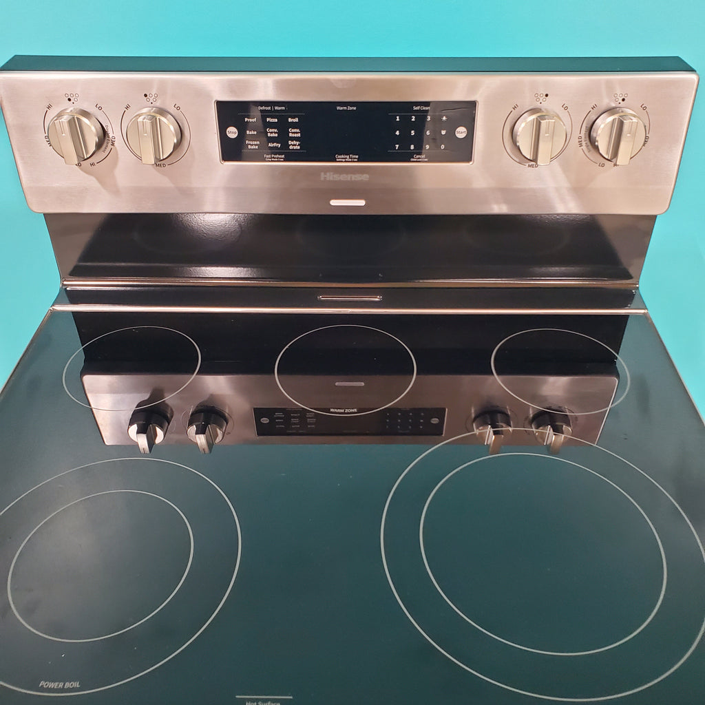 Pictures of Hisense Stainless Steel 30-in Glass Top 5 burners 5.8-cu ft Air Fry Convection Oven Freestanding Electric Range HBE3501CPS - Open Box - Neu Appliance Outlet - Discount Appliance Outlet in Austin, Tx