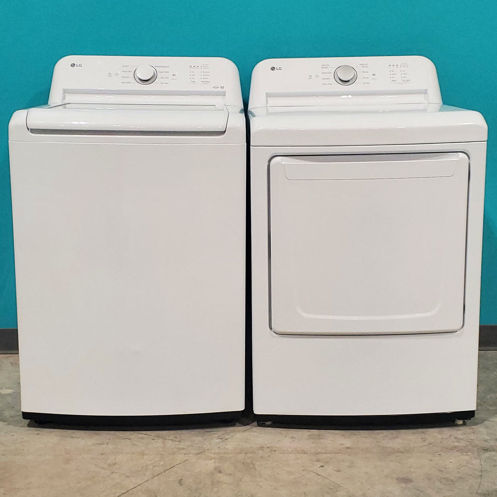 Pictures of ENERGY STAR LG 4.1 cu. ft. Top Load Washing Machine with 4-Way Agitator WT6105CW and ENERGY STAR LG 7.3 cu. ft. Electric Dryer with Smart Diagnosis DLE6100W - Scratch & Dent - Minor - Neu Appliance Outlet - Discount Appliance Outlet in Austin, Tx