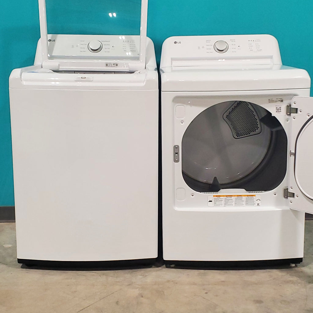 Pictures of ENERGY STAR LG 4.1 cu. ft. Top Load Washing Machine with 4-Way Agitator WT6105CW and ENERGY STAR LG 7.3 cu. ft. Electric Dryer with Smart Diagnosis DLE6100W - Scratch & Dent - Minor - Neu Appliance Outlet - Discount Appliance Outlet in Austin, Tx