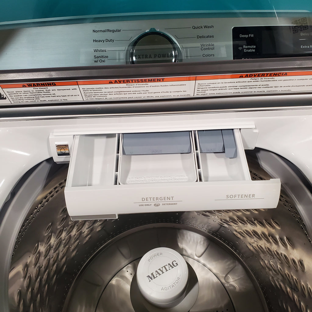Pictures of Maytag ENERGY STAR 5.2 cu. ft. Top Load Agitator Washing Machine with Extra Power Button MVW7230HW and ENERGY STAR Maytag Smart Capable 7.4 cu. ft. Gas Steam Dryer with Extra Power Button MGD7230HW - Neu Appliance Outlet - Discount Appliance Outlet in Austin, Tx
