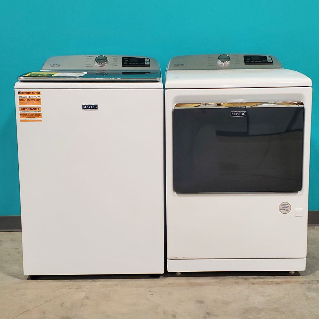 Pictures of Maytag ENERGY STAR 5.2 cu. ft. Top Load Agitator Washing Machine with Extra Power Button MVW7230HW and ENERGY STAR Maytag Smart Capable 7.4 cu. ft. Gas Steam Dryer with Extra Power Button MGD7230HW - Neu Appliance Outlet - Discount Appliance Outlet in Austin, Tx