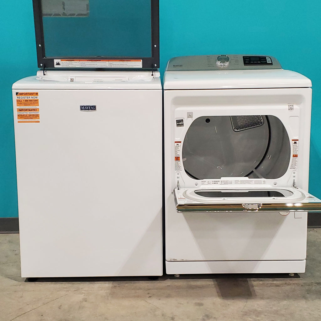 Pictures of Maytag ENERGY STAR 5.2 cu. ft. Top Load Agitator Washing Machine with Extra Power Button MVW7230HW and ENERGY STAR Maytag Smart Capable 7.4 cu. ft. Gas Steam Dryer with Extra Power Button MGD7230HW - Neu Appliance Outlet - Discount Appliance Outlet in Austin, Tx