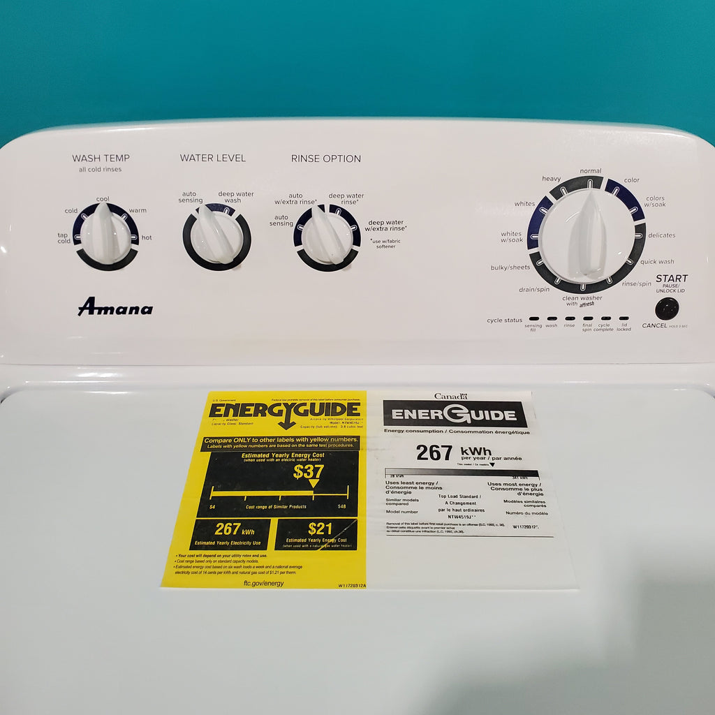 Pictures of Amana 3.8 cu. ft. Top Load Washing Machine with Deep Water Wash Option NTW4519JW and Amana 6.5 cu. ft. Electric Dryer with Automatic Cycles NED4655EW - Open Box - Neu Appliance Outlet - Discount Appliance Outlet in Austin, Tx