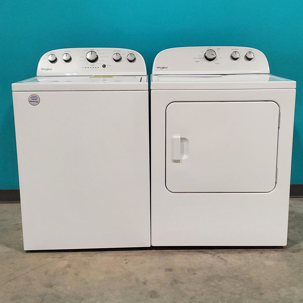 Pictures of HE Whirlpool 3.5 cu. ft. Top Load Washing Machine with Deep Water Wash WTW4816FW and 7 cu. ft. Electric Dryer with AutoDry WED4815EW- Open Box - Neu Appliance Outlet - Discount Appliance Outlet in Austin, Tx