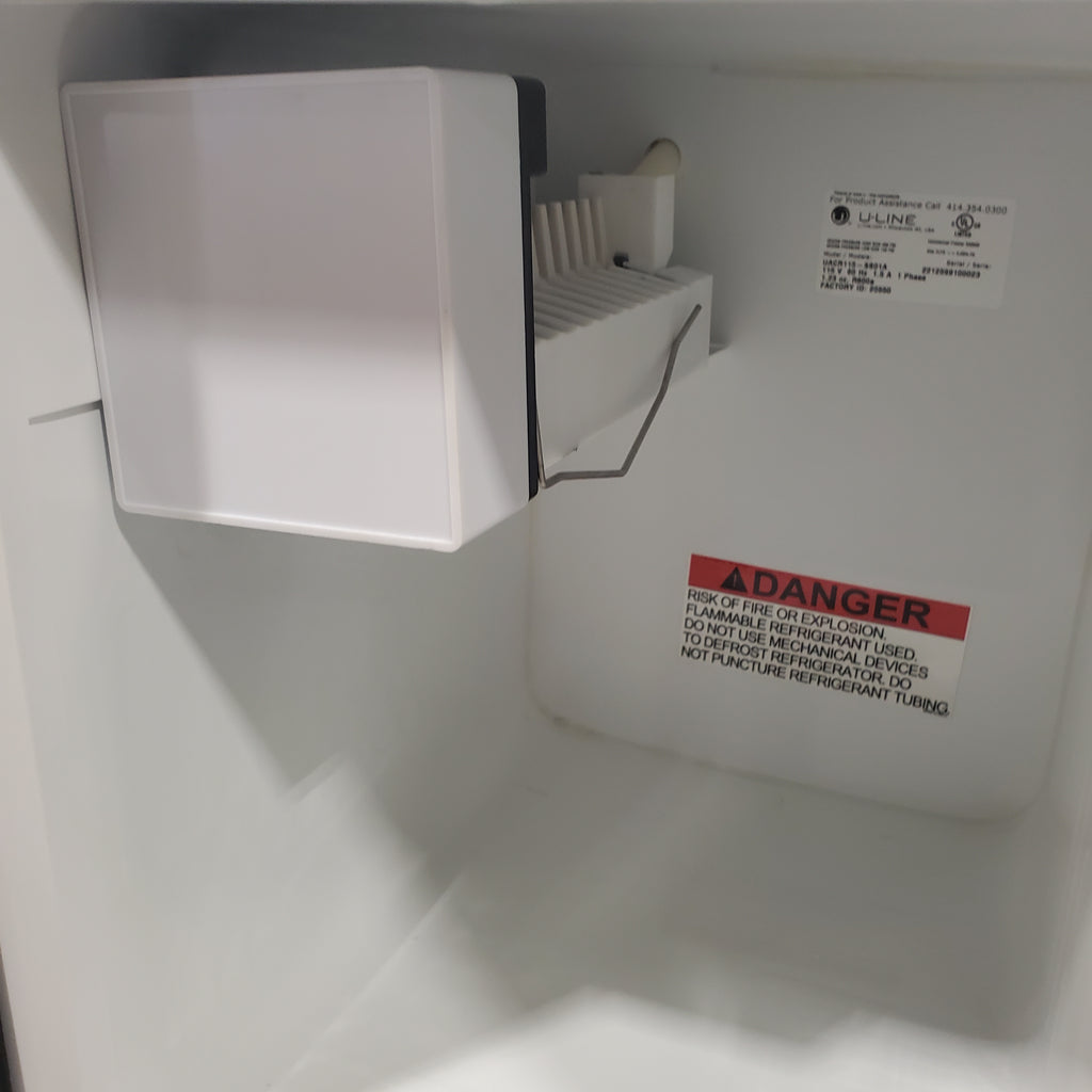 Pictures of U-Line Stainless Steel 15 Inch Crescent Undercounter Ice Maker with 25lb Daily Ice Production & Storage, Field Reversible Stainless Steel Door with On / off switch, and No Drain Required UACR115-SS01A - Scratch & Dent - Minor - Neu Appliance Outlet - Discount Appliance Outlet in Austin, Tx