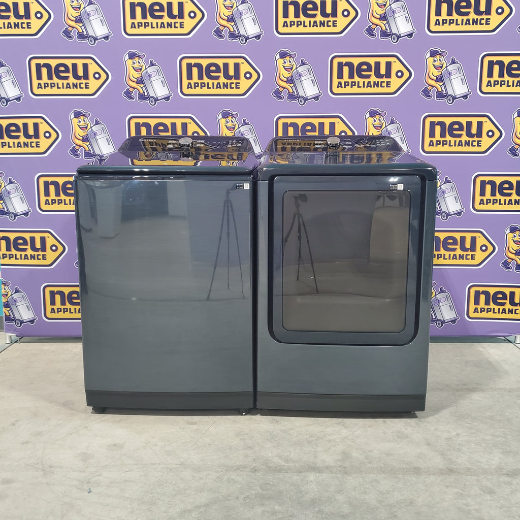 Pictures of Samsung Brushed Navy Blue 5.4 cu. ft. Smart Top Load Washer with Pet Care Solution and Super Speed Wash and 7.4 cu. ft. Smart Vented Electric Dryer with Pet Care Dry and Steam Sanitize+ - Scratch & Dent - Minor - Neu Appliance Outlet - Discount Appliance Outlet in Austin, Tx