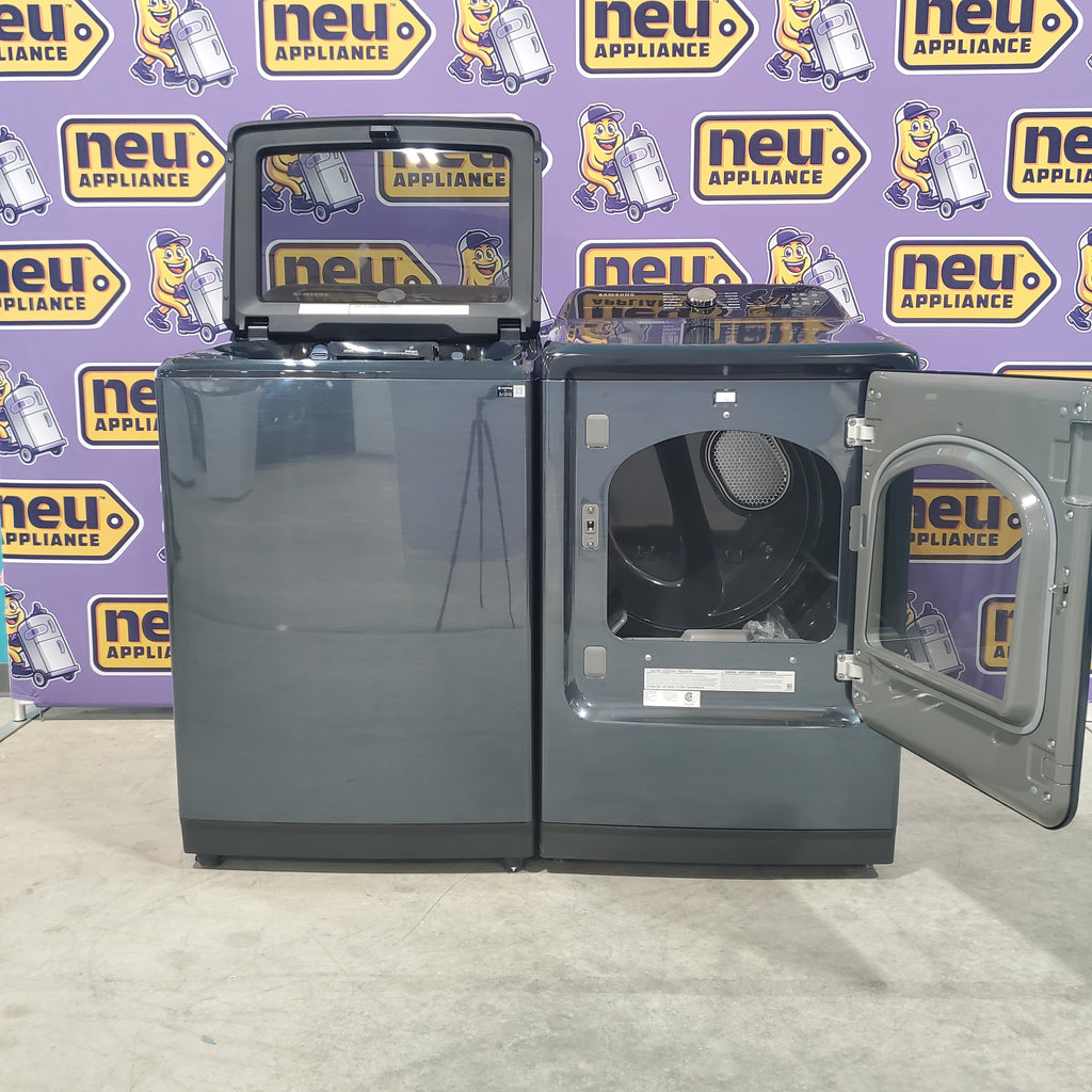 Pictures of Samsung Brushed Navy Blue 5.4 cu. ft. Smart Top Load Washer with Pet Care Solution and Super Speed Wash and 7.4 cu. ft. Smart Vented Electric Dryer with Pet Care Dry and Steam Sanitize+ - Scratch & Dent - Minor - Neu Appliance Outlet - Discount Appliance Outlet in Austin, Tx