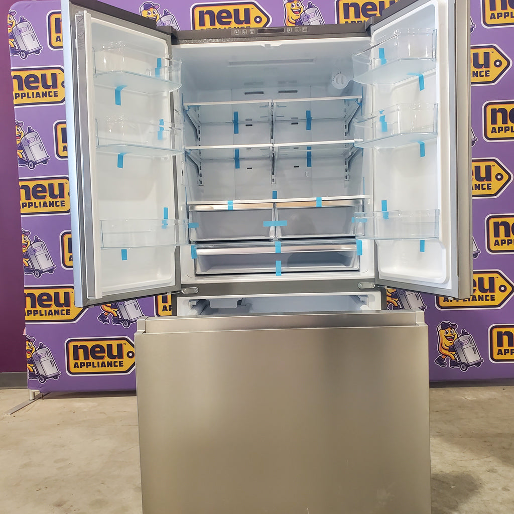 Pictures of Fingerprint Resistant Brushed Steel ENERGY STAR Hisense 26.6 cu. ft. 3 Door French Door Refrigerator with Icemaker and Internal Water Dispenser - Open Box - Neu Appliance Outlet - Discount Appliance Outlet in Austin, Tx