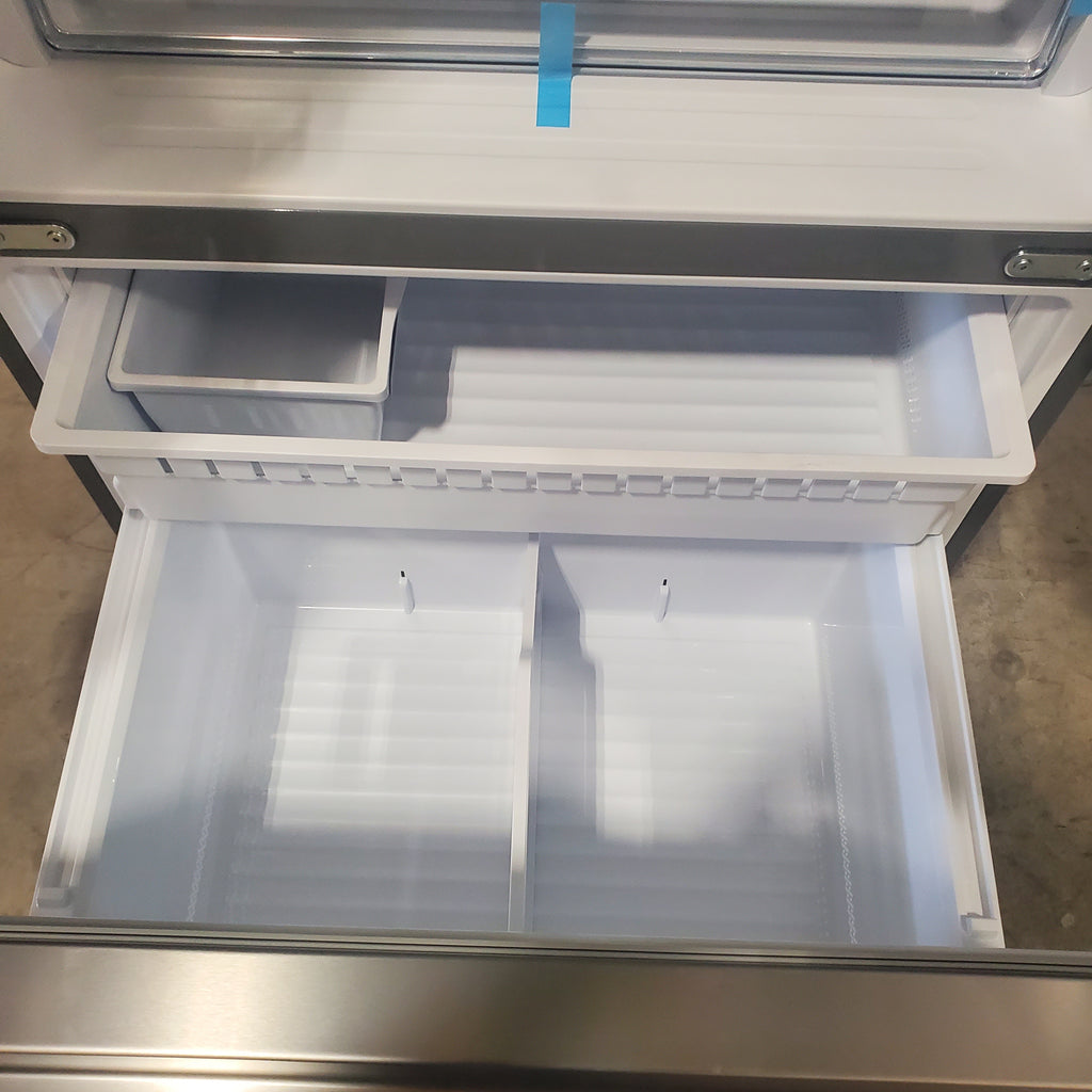 Pictures of Fingerprint Resistant Brushed Steel ENERGY STAR Hisense 26.6 cu. ft. 3 Door French Door Refrigerator with Icemaker and Internal Water Dispenser - Open Box - Neu Appliance Outlet - Discount Appliance Outlet in Austin, Tx