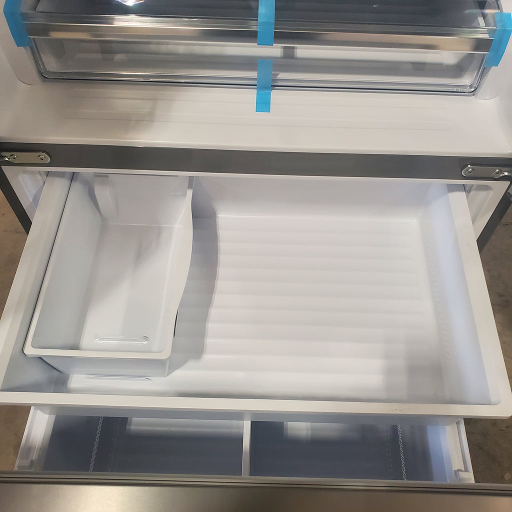 Pictures of Fingerprint Resistant Brushed Steel ENERGY STAR Hisense 26.6 cu. ft. 3 Door French Door Refrigerator with Icemaker and Internal Water Dispenser - Open Box - Neu Appliance Outlet - Discount Appliance Outlet in Austin, Tx