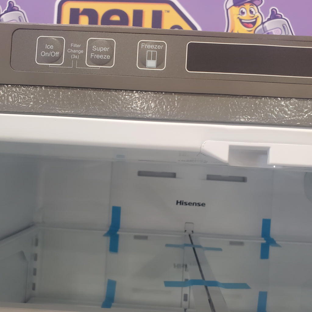 Pictures of Fingerprint Resistant Brushed Steel ENERGY STAR Hisense 26.6 cu. ft. 3 Door French Door Refrigerator with Icemaker and Internal Water Dispenser - Open Box - Neu Appliance Outlet - Discount Appliance Outlet in Austin, Tx