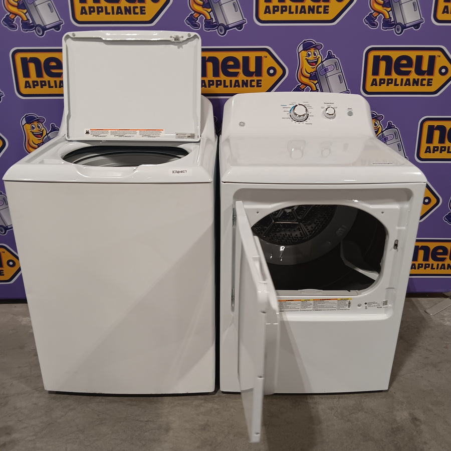 GE® 3.8 cu. ft. Capacity Washer with Stainless Steel Basket in White GTW330ASKWW - Scratch & Dent (Moderate) and GE® 7.2 cu. ft. Capacity Aluminized Alloy Drum Electric Dryer 16228 - GTD33EASKWW - Scratch & Dent (Minor)