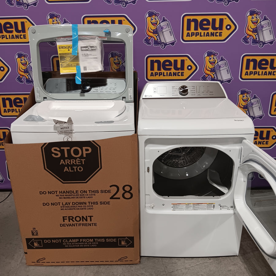 GE Profile™ ENERGY STAR® 5.0 cu. ft. Capacity Washer with Smarter Wash Technology PTW600BSRWS - New in Box and GE Profile™ ENERGY STAR® 7.4 cu. ft. Capacity Electric Dryer with Sanitize Cycle 16229 - PTD60EBSRWS - Scratch & Dent (Moderate)