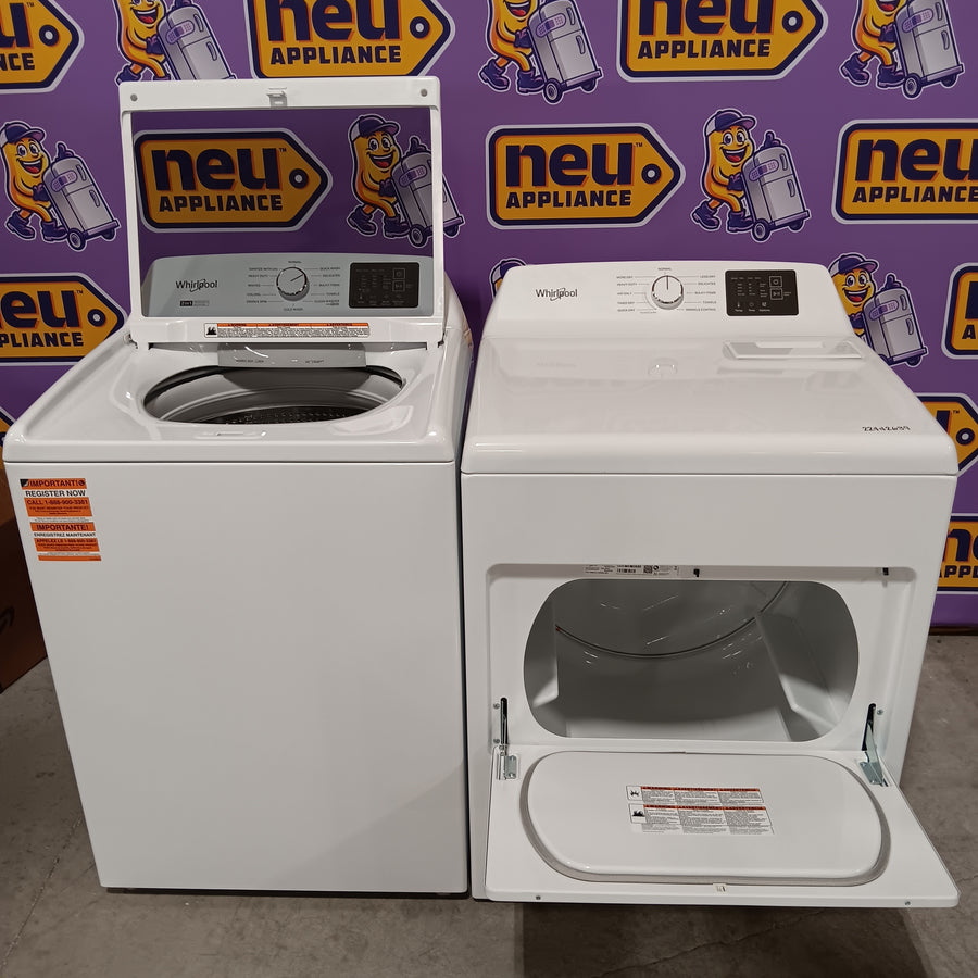 Whirlpool 4.2-4.3 Cu. Ft. Top Load Washer with 2-in-1 Removable Agitator and Soft Close Glass Lid WTW4307SW - Scratch & Dent (Minor) and Whirlpool 7.0 cu. ft. Electric Dryer with Adaptive Dry and Wrinkle Shield™ Option 16285 - WED4307SW - Open Box