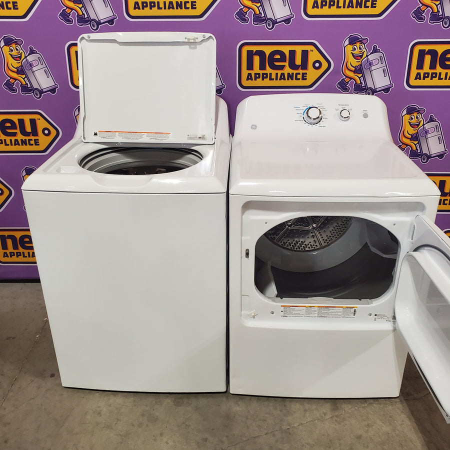 GE® 4.2 cu. ft. Capacity Washer with Stainless Steel Basket - GTW335ASNWW & GE 6.2 cu. ft. Capacity Electric Dryer with Up To 120 ft. Venting and Shallow Depth 16303 - Certified Refurbished