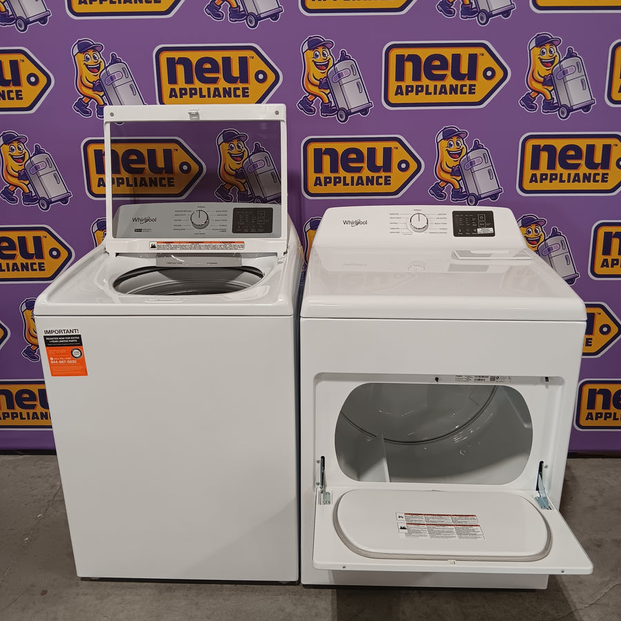 Whirlpool 4.2-4.3 Cu. Ft. Top Load Washer with 2-in-1 Removable Agitator and Soft Close Glass Lid WTW4307SW - Open Box and Whirlpool 7.0 cu. ft. Electric Dryer with Adaptive Dry and Wrinkle Shield™ Option WED4307SW - Open Box