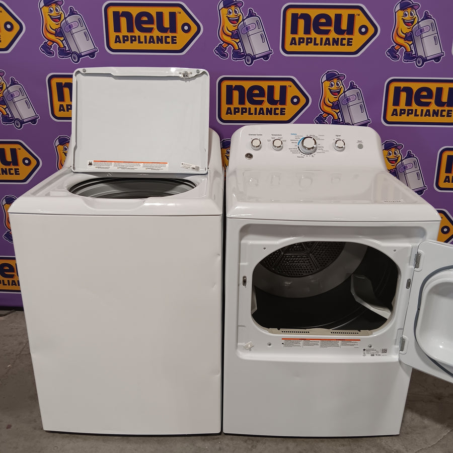 GE® 4.5 cu. ft. Capacity Washer with Stainless Steel Basket in White GTW465ASNWW - Certified Refurbished and GE White Electric 7.2 Cu. Ft. Dryer with Aluminized Alloy Drum GTD42EASJWW - Certified Refurbished