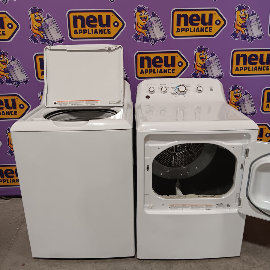 GE® 4.5 cu. ft. Capacity Washer with Stainless Steel Basket in White GTW465ASNWW - Certified Refurbished and GE White Electric 7.2 Cu. Ft. Dryer with Aluminized Alloy Drum GTD42EASJWW - Certified Refurbished