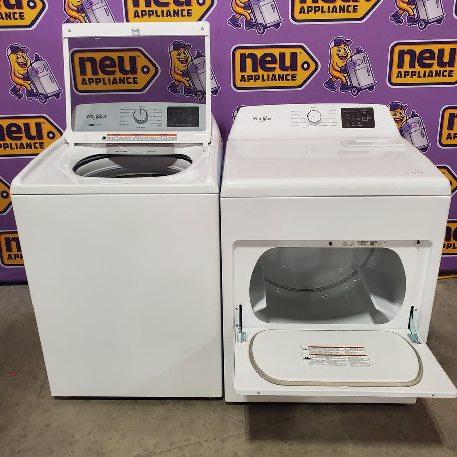 Whirlpool 4.2-4.3 Cu. Ft. Top Load Washer with 2-in-1 Removable Agitator and Soft Close Glass Lid WTW4307SW - Open Box and Whirlpool 7.0 cu. ft. Electric Dryer with Adaptive Dry and Wrinkle Shield™ Option WED4307SW - Scratch & Dent (Minor)