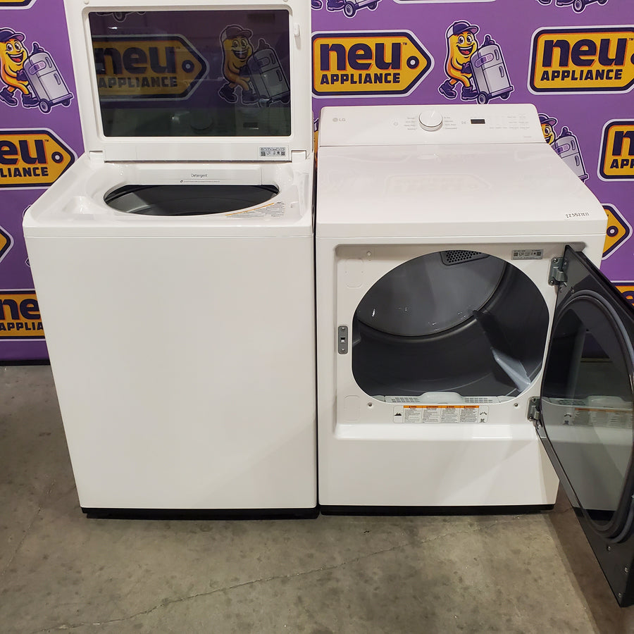 LG 5.0 cu.ft. SMART Top Load Washer in Alpine White with TurboWash WT8200CW - Open Box and LG 7.3 cu. ft. Ultra Large Capacity Rear Control Electric Dryer with AI Sensing and ThinQ® Smart Features DLE8200W - Open Box