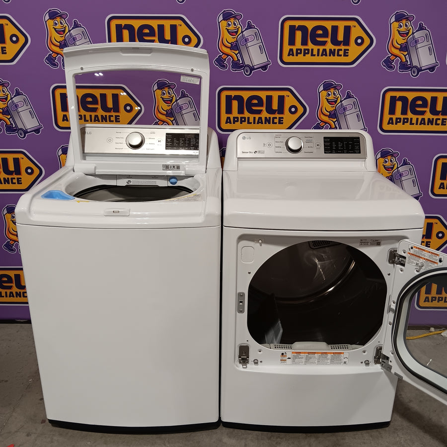 LG 5.5 cu. ft. Mega Capacity Smart Wi-Fi Enabled Top Load Washer with Impeller WT7400CW - Certified Refurbished and LG 7.3 cu. ft. Ultra Large Capacity Smart Wi-Fi Enabled Electric Dryer with Sensor Dry Technology DLE7300WE - Certified Refurbished