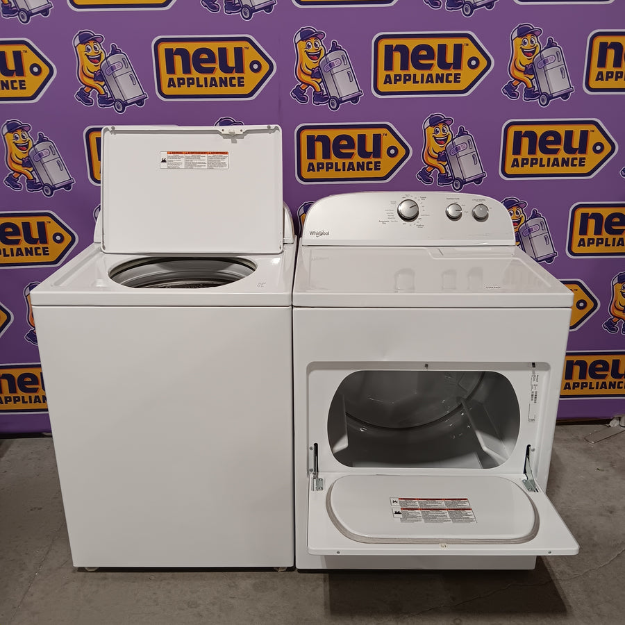 Whirlpool 3.8–3.9 Cu. Ft. Top Load Washer with 2 in 1 Removable Agitator and Soil Level Selection WTW4957PW - Certified Refurbished and Whirlpool White Electric 7.0 Cu. Ft. Dryer with Auto Dry WED4950HW - Certified Refurbished