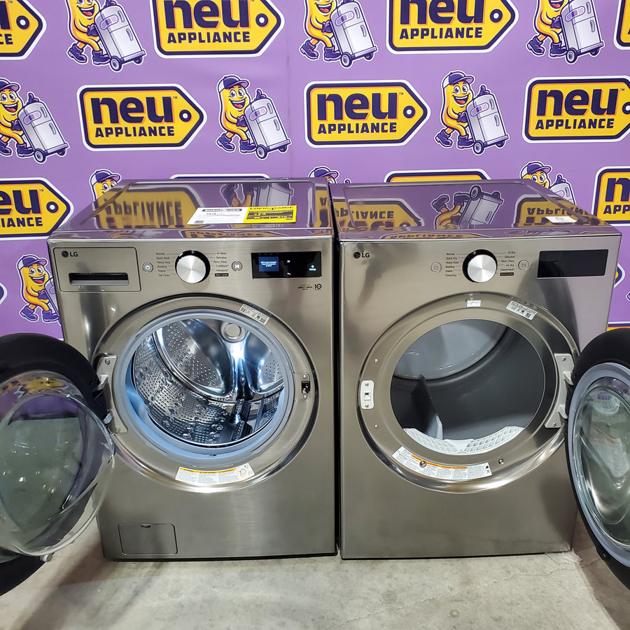LG 5.0 cu. ft. Mega Capacity Smart Front Load Washer with TurboWash® 360° and AI Sensing WM5800HVA - Scratch & Dent (Minor) and LG 7.4-cu ft Stackable Vented Electric Dryer with Steam Cycle in Graphite Steel DLEX5800V - Scratch & Dent (Moderate)