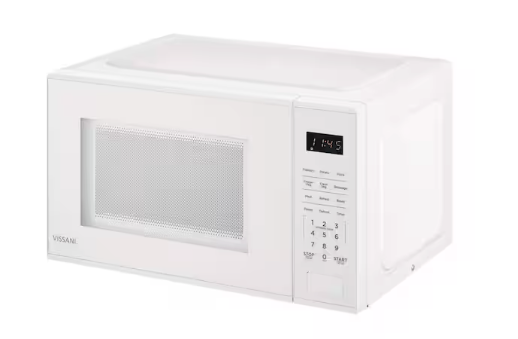Vissani 1.1 cu. ft. Electric 1000-W Countertop Microwave in White with Turntable, 6-Heating Functions, and 2-Step Lock System E30PXP02-WHT - Scratch & Dent (Minor)