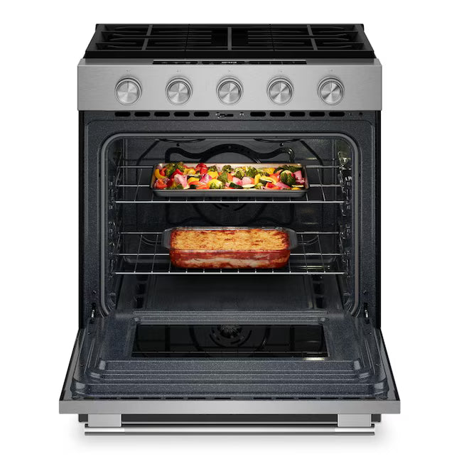 KitchenAid 30-in 5 burners 5-cu ft Air Fry Convection Oven Slide-in Natural Gas in PrintShield Stainless Finish KSGS430SPS - Open Box