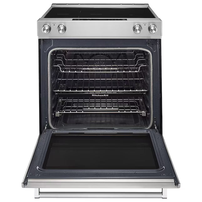 KitchenAid 30-in Glass Top 5 burners 7.1-cu ft Convection Oven Slide-In Electric Range in Stainless Steel KSEB900ESS - Open Box