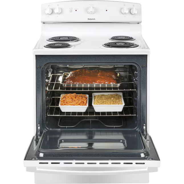 Hotpoint White 30-in 4 Burners 5-cu ft Freestanding Electric Range with Sensi Temp Technology RBS330DRWW - Scratch & Dent (Minor)