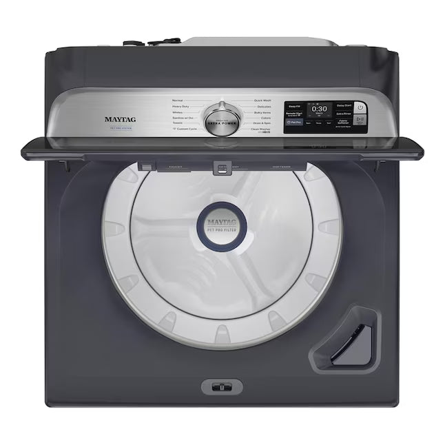 Maytag 5.2 cu. ft. Pet Pro Top Load Washer in Midnight Steel with Agitator, Extra Power and Sanitize Cycle with Oxi MTW7205RF - Open Box