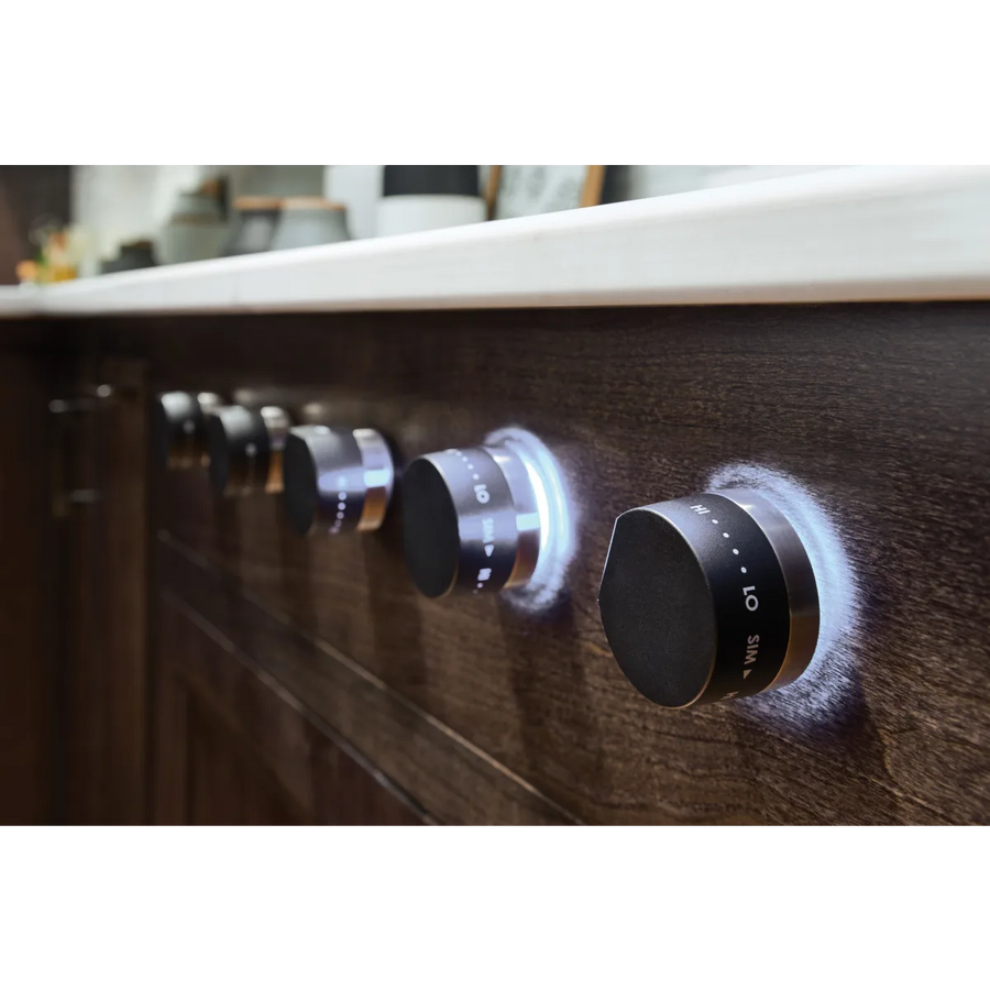 Wolf 36 Inch Cooktop with 5 Sealed Burners Total, Continuous Cast-Iron Grates, 20,000 BTU Power Burner, White Illuminated LED Knobs, 3 Knob Color Options CG365CS - Open Box