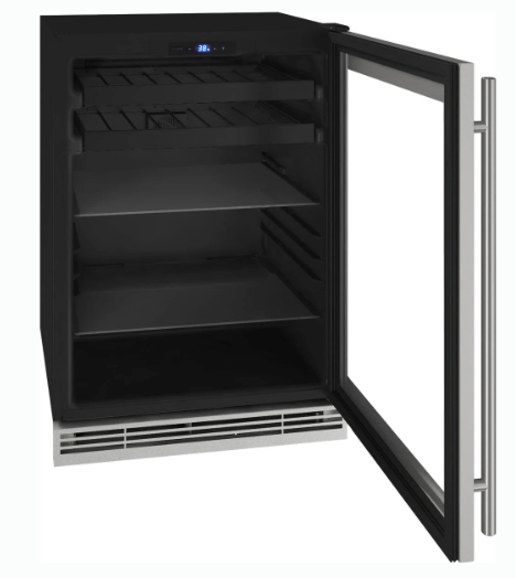 U-Line 24 Inch Beverage Center with 5.5 Cu. Ft. Capacity, Adjustable Glass Shelves, Wine Racks, LOW-E Argon Thermopane Glass Door, and Convection Cooling UHBV124SG01A - Scratch & Dent (Minor)