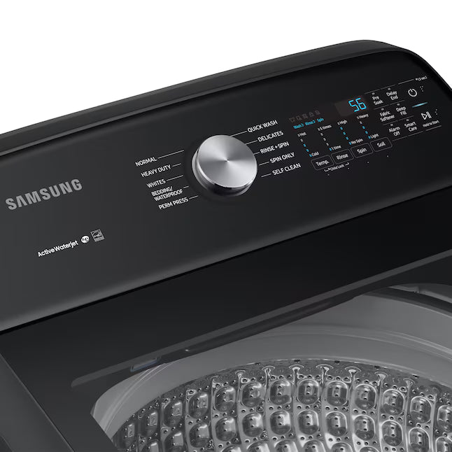 Samsung 5.0 cu. ft. Capacity Top Load Washer with Active WaterJet in Brushed Black WA50R5200AV - Certified Refurbished and Samsung Brushed Black 7.4 cu. ft. Smart Electric Dryer with Sensor Dry 16114 - DVE47CG3500V - New in Box