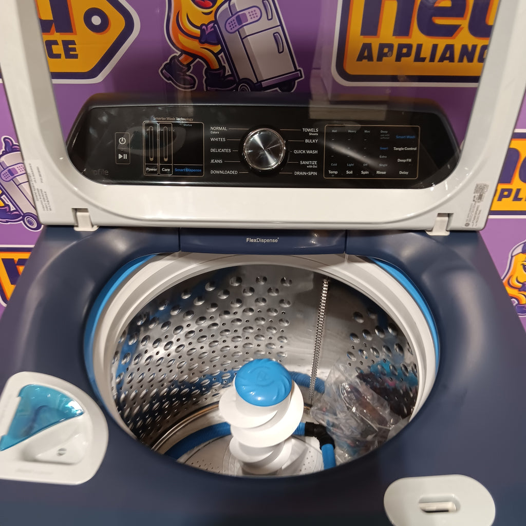 GE PTW805BPWRS Top view of a washing machine with open door on a purple background with branding.