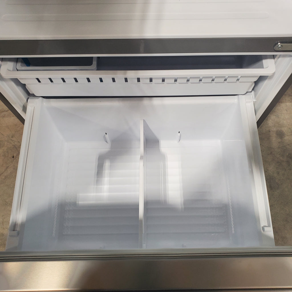 Pictures of Fingerprint Resistant Brushed Steel ENERGY STAR Hisense 26.6 cu. ft. 3 Door French Door Refrigerator with Icemaker and Internal Water Dispenser - Open Box - Neu Appliance Outlet - Discount Appliance Outlet in Austin, Tx