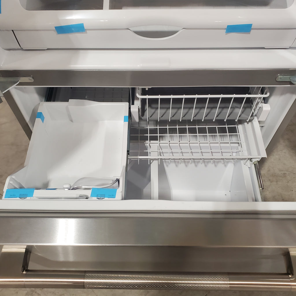 Pictures of JennAir RISE 21.9 Cu. Ft. French Door Counter-Depth Refrigerator with Gourmet Bay Drawer and TriSensor Climate Control in Stainless Steel JFFCF72DKL - Scratch & Dent (Minor) - Neu Appliance Outlet - Discount Appliance Outlet in Austin, Tx