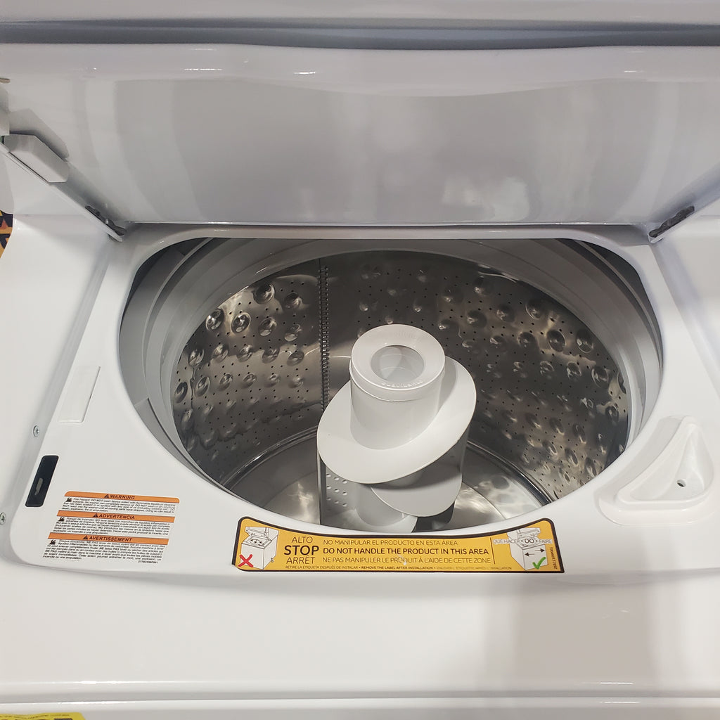 GE Unitized Spacemaker® 3.8 cu. ft. Capacity Washer with Stainless Steel Basket and 5.9 cu. ft. Capacity Electric Dryer 9SD054 - GUD27ESSMWW - Scratch & Dent (Minor)