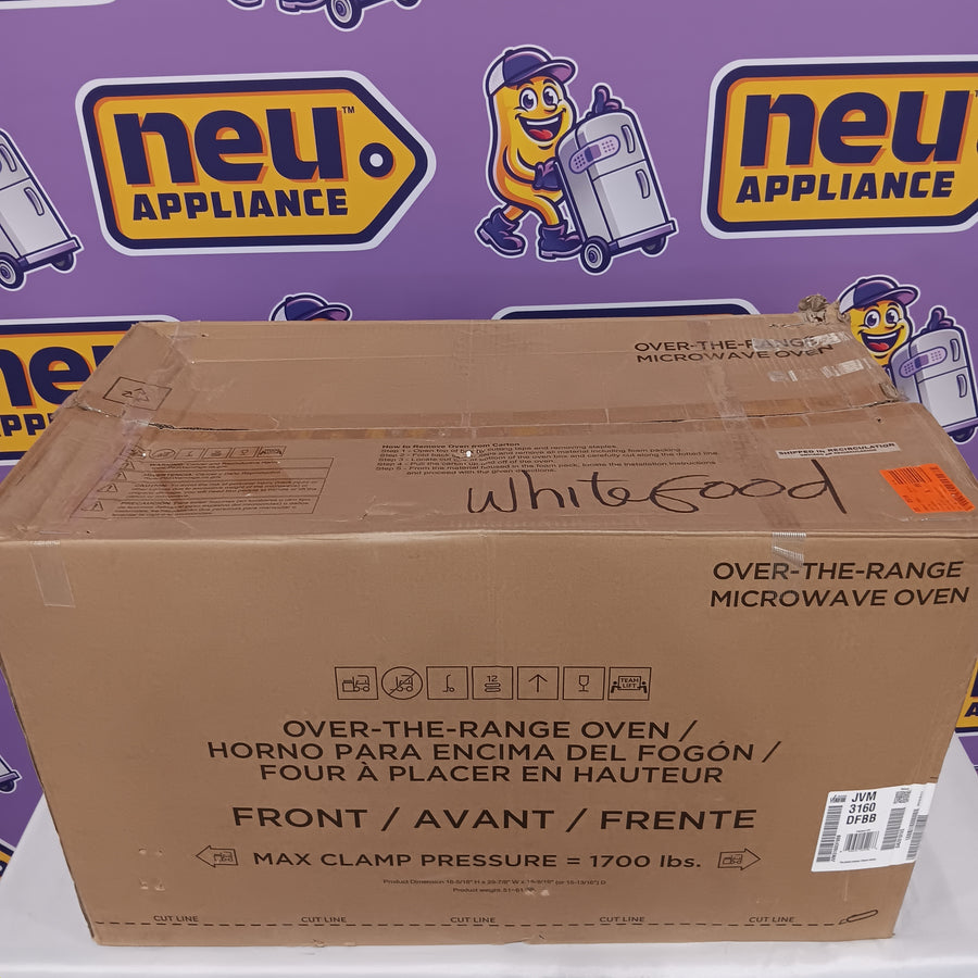 GE Over-The-Range 1.6 Cu. Ft. Microwave Oven with Turntable On/Off and Auto/Time Defrost JVM3160DFBB - New in Box