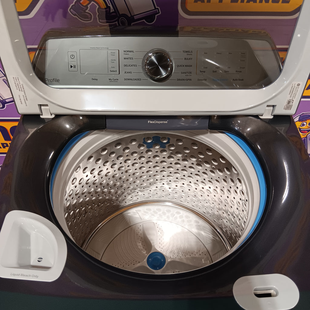 GE PTW600BPRDG Open washing machine with visible interior and control panel on a colorful background