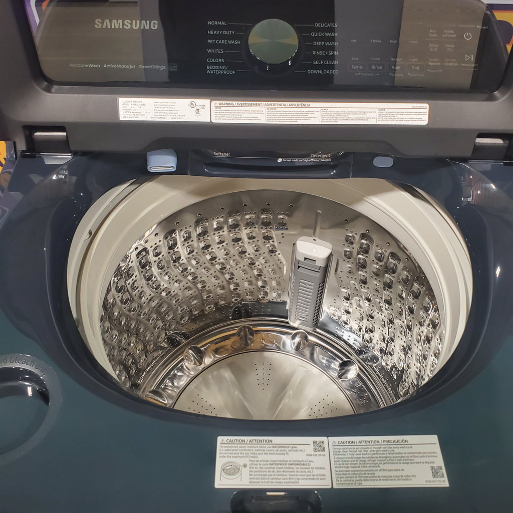 Pictures of Samsung Brushed Navy Blue 5.4 cu. ft. Smart Top Load Washer with Pet Care Solution and Super Speed Wash and 7.4 cu. ft. Smart Vented Electric Dryer with Pet Care Dry and Steam Sanitize+ - Scratch & Dent - Minor - Neu Appliance Outlet - Discount Appliance Outlet in Austin, Tx