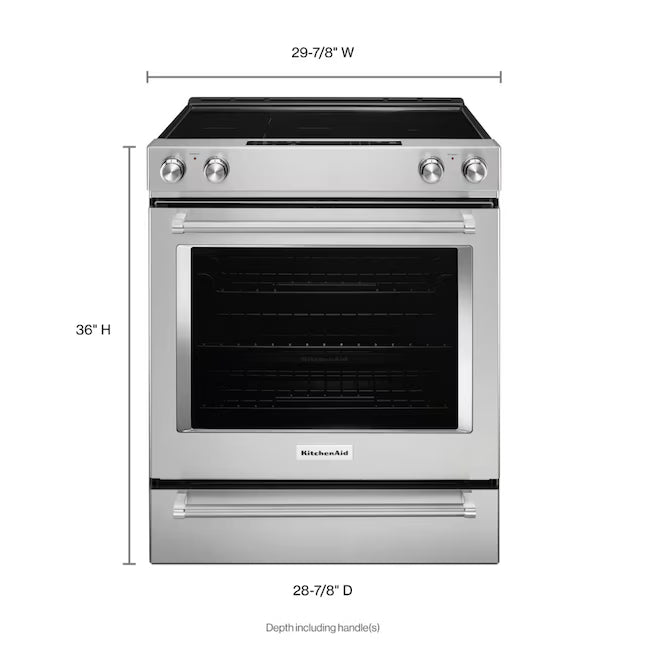 KitchenAid Glass Top 5 burners 6.4-cu ft Convection Oven Slide-In Electric Range in Stainless Steel KSEG700ESS - Scratch & Dent (Minor)