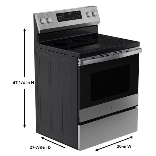 GE Profile EasyWash Oven Tray 30-in Glass Top 5 burners 5.3-cu ft Air Fry Convection Oven Freestanding Electric Range with WipeClean Coating in Fingerprint Resistant Stainless Steel PRF700AYFS - Open Box