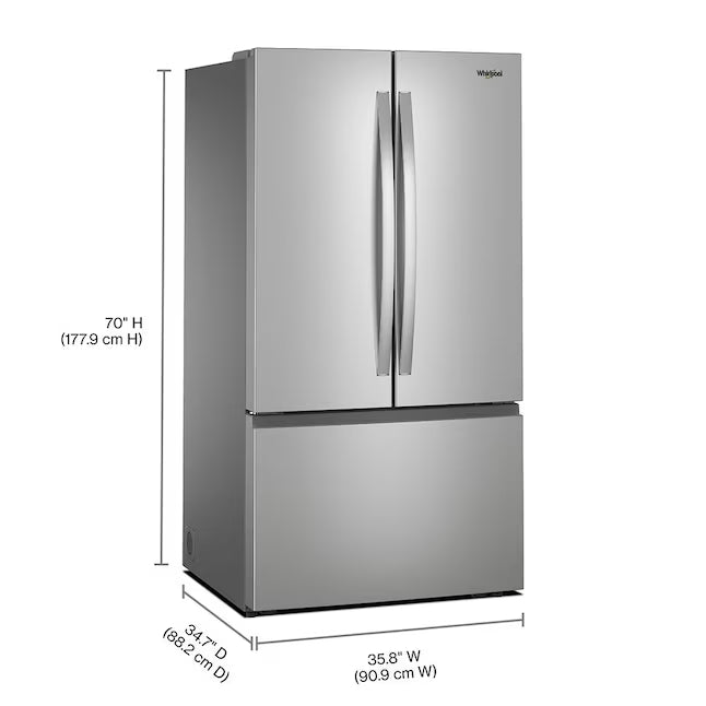 Whirlpool 31 cu. ft. Standard Depth French Door Refrigerator in Fingerprint Resist Stainless Finish w/ Interior Dispenser WRFF3336SZ - Scratch & Dent (Minor)
